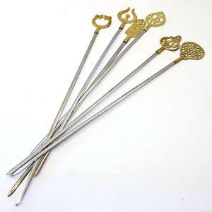 SOLD-6 Vintage 1960's Turkish Stainless Steel & Brass Shish Kebab Skewers,